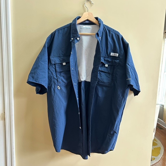 Columbia PFG Bahama Navy Blue Nylon Vented Outdoor Fishing Shirt Mens XLT Tall - Picture 2 of 12